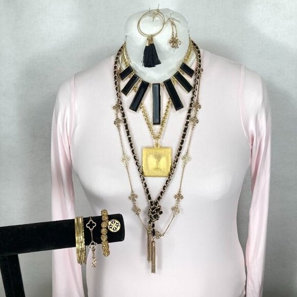 Gold Tone and Black Jewelry Lot Bracelets, Earrings & GUESS Long Rope Necklace - Picture 1 of 9